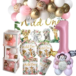 1SET Pink Wild Animal Balloon Tower with Disposable Tableware for Girl's Jungle Safari Themed DIY Birthday Party Decorations