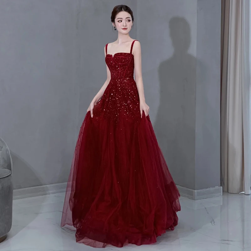 Abito da sera rosso Fidanzamento di lusso Dr Sling Abito da sposa per bere Nuova sposa 2025 Sensazione di fascia alta Coreano Sle Lungo Dr