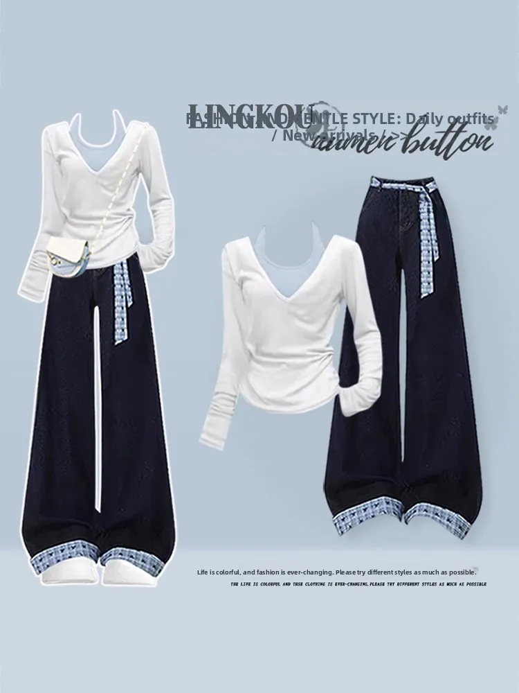 Conjunto de Ropa de Mujer Estilo Universitario Coreano, Antienvejecimiento, a Cuadros, de Cintura Alta, de Tres Piezas, con C...