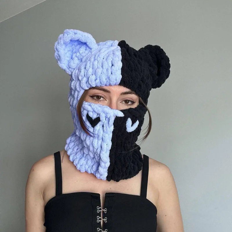 Cute Full Face 모자 Cover Ski Mask Hat with Bear Ear Balaclava Knitted Hats Windproof Skullies Beanies Winter Warm Unisex Caps