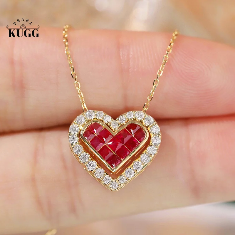 KUGG 100% 18K Yellow Gold Necklace Luxury Diamond Natural Ruby Pendant Necklace for Women Romantic Heart Design Wedding Jewelry