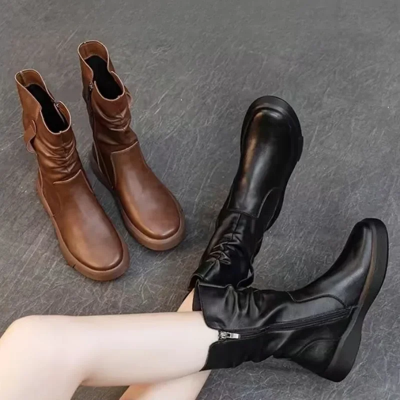 Platform Ladies Mid Calf Shoes Leather Brown Women's Half High Boots 2024 New on Offer Winter Novelty Large Size Warm Waterproof image 6