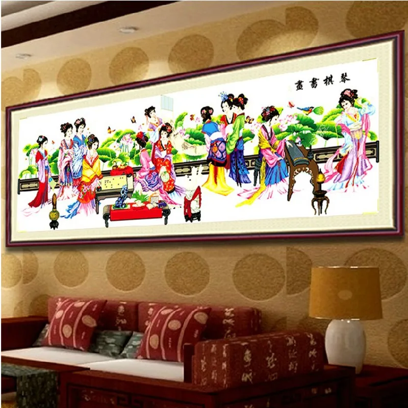 Imagem -04 - Grande Imagem Tradicional Chinesa Beleza 12 Figuras Ponto Cruz Kits Padrão Impresso Bordado Conjunto Decoração da Sala 210*76cm