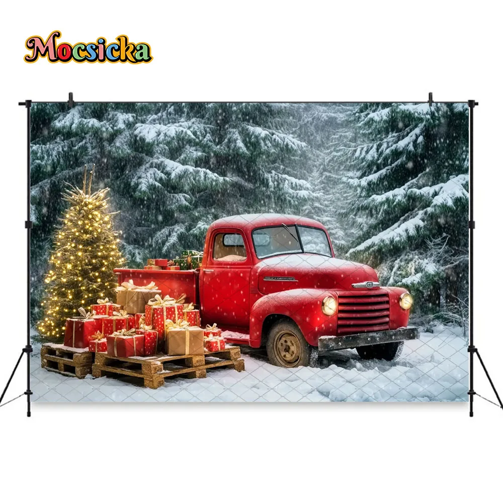 Mocsicka الأحمر هدية عيد الميلاد عربة خلفية التصوير الفوتوغرافي شجرة عيد الميلاد الغابات الأبيض حقل ثلجي خلفية الشتاء الأسرة في الهواء الطلق الصورة #4