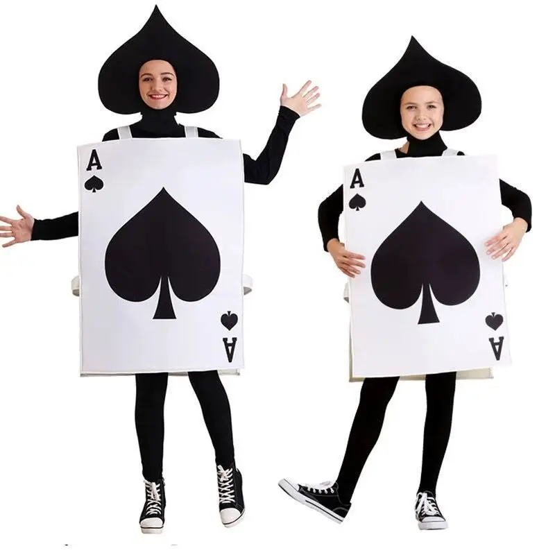 大人用＆子供用、スペードのポーカーカードのコスプレ衣装。ハロウィーンやカーニバル、仮装パーティーに最適。黒いスペードの頭飾り付き。