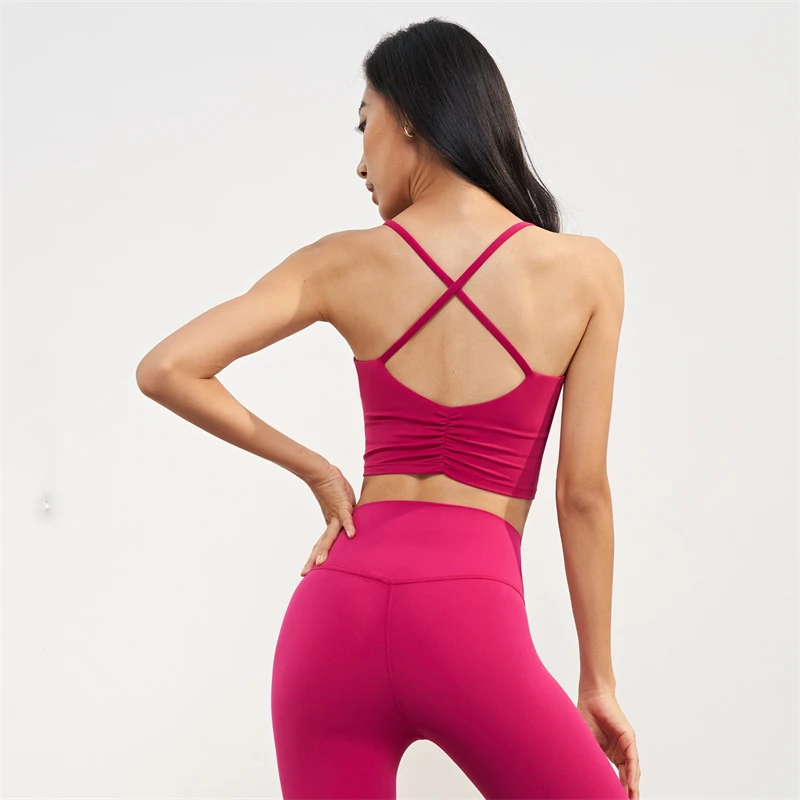 

Spaghetti Strap Cross Sports Bra Women Gym High Impact Fitness Bralette Yoga Crop Top Vest Push Up Running Workout Underwear