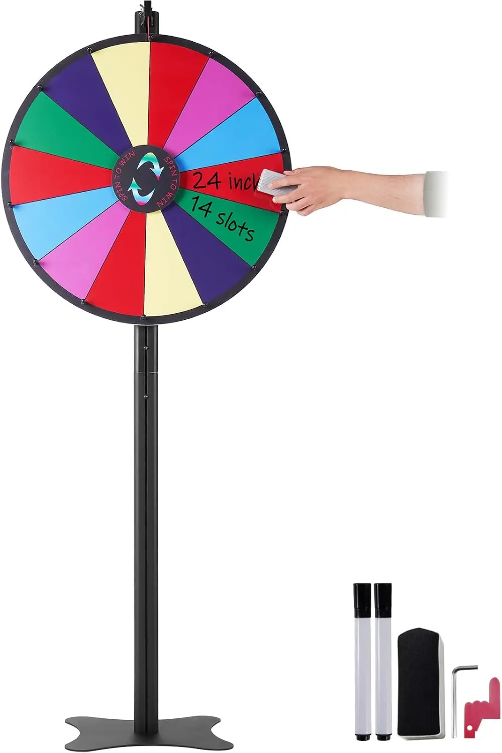 

24 inch Spinning Prize Wheel, 14 Slots Spinning Wheel, Roulette Wheel with a Dry Erase and 2 Markers, Tabletop or Floor