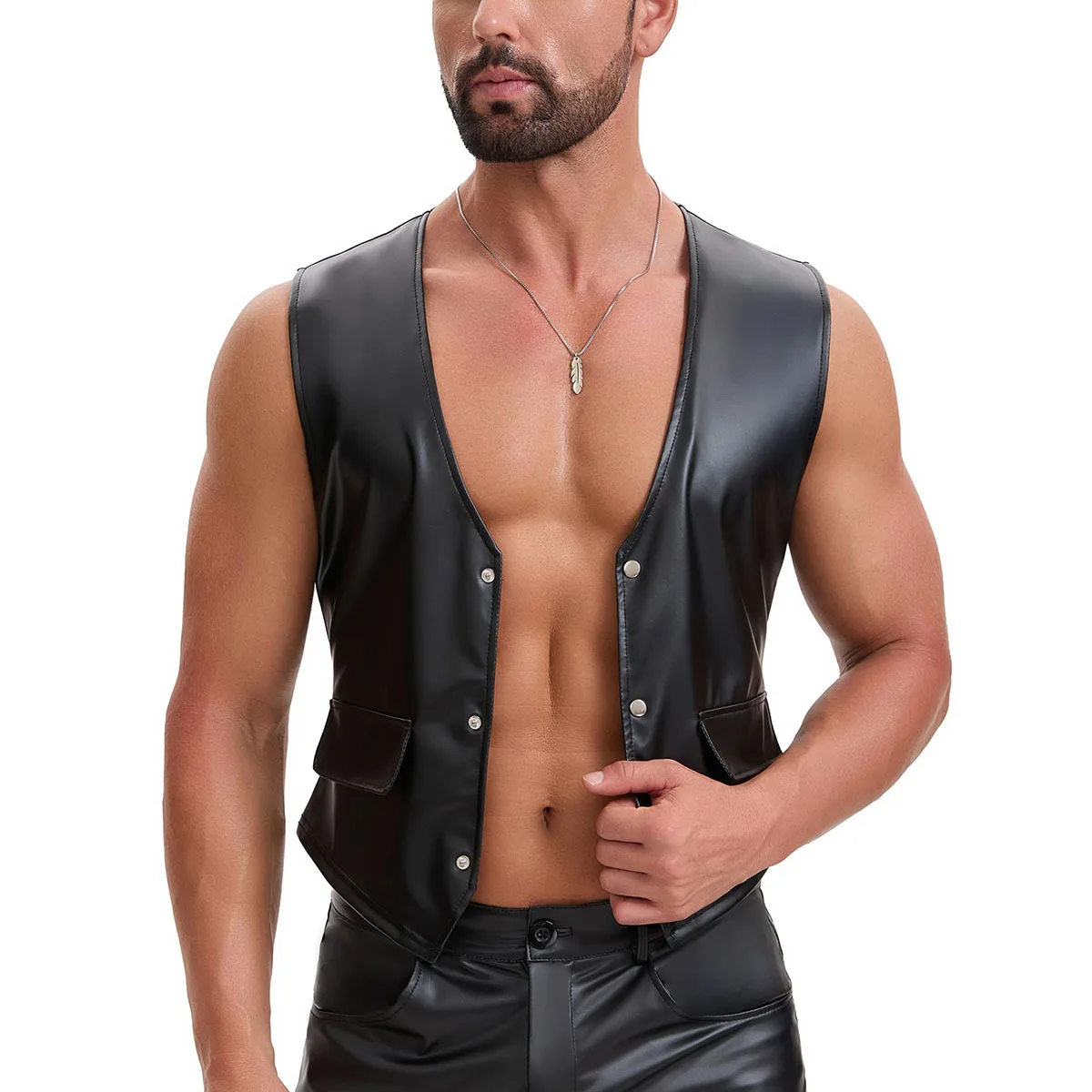 Fashion Men's Sleeveless V-neck Vest Slim Fit Snap Button Male Faux Leather Tank Tops Punk Style Waistcoat for Nightclub Stage