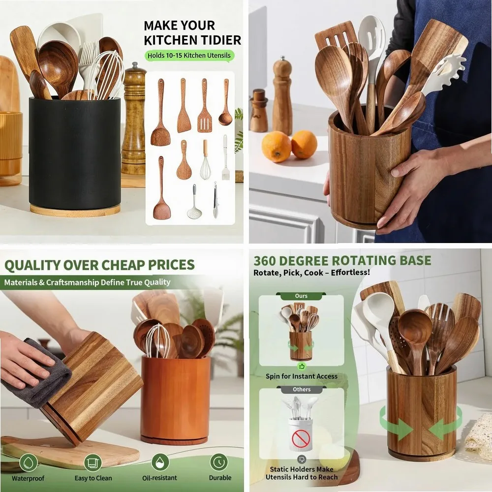 

Large Capacity 360° Rotating Acacia Wood Utensil Holder, Cylindrical Countertop Storage Rack for Cutlery