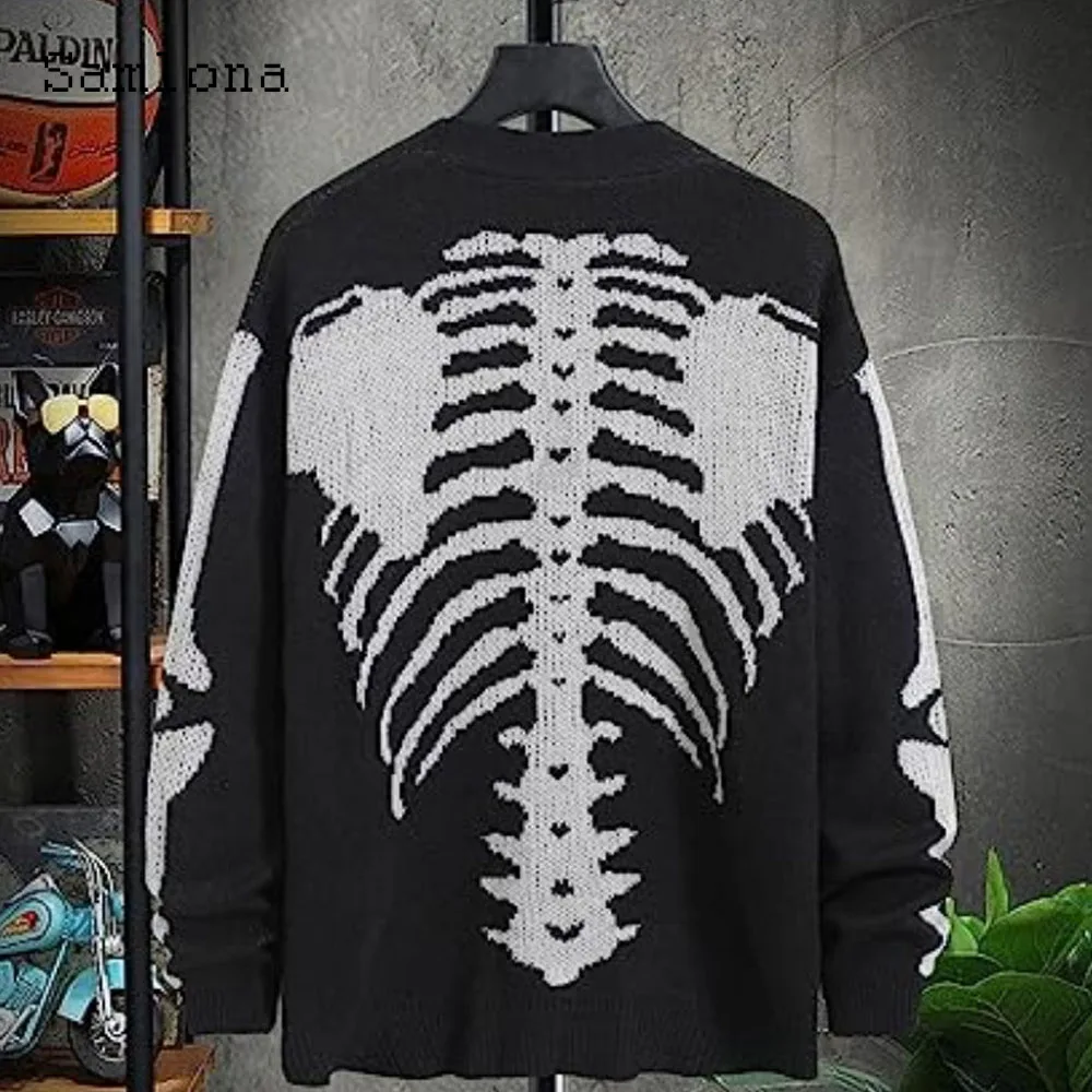 プラスサイズメンズカジュアルレトロニットセーター 2025 ハロウィンゴシックファッションスカルプリントトップカーディガンメンズノーカラーセーター新