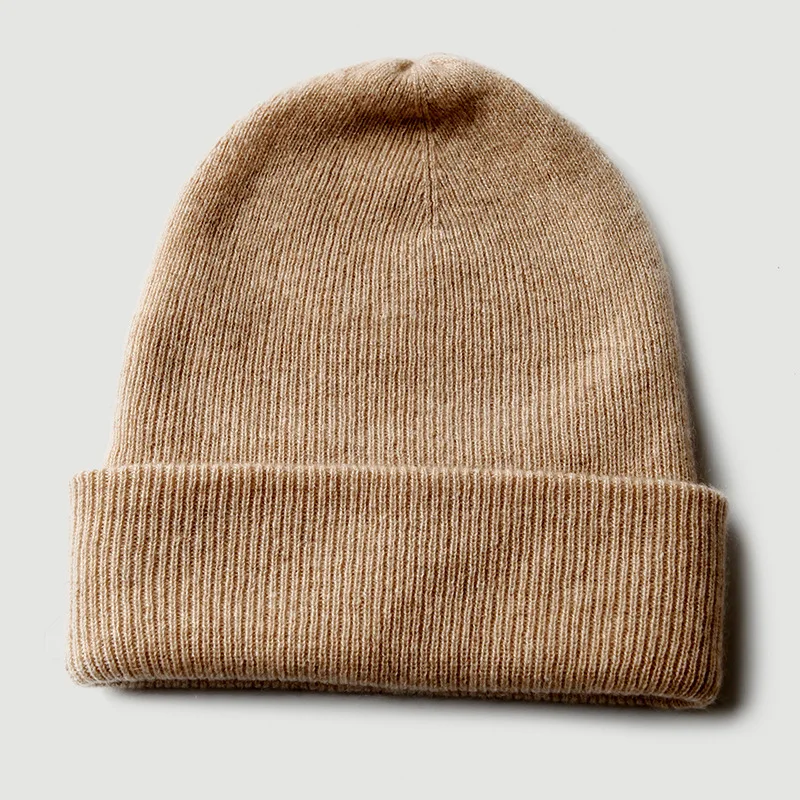 100% Cashmere Double Layer Beanie Hat Women Winter Warm Thick Ribbed Cuffed Knit Cap 3 Colors Oatmeal Brown Black