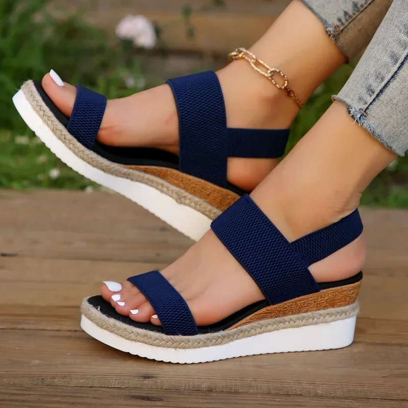 Women\'s Shoes 2024 Hot Sale Elastic Band Women\'s Sandals Summer Open Toe Solid Color Wedge Beach Shoes Ladies Platform Sandals