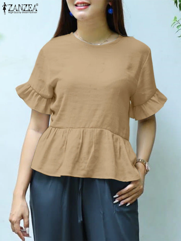 ZANZEA Ruffled Blouse Women Casual Loose O Neck Tops 2025 Fashion Short Sleeve Tunic Oversized Female Solid Color Blusas Baggy