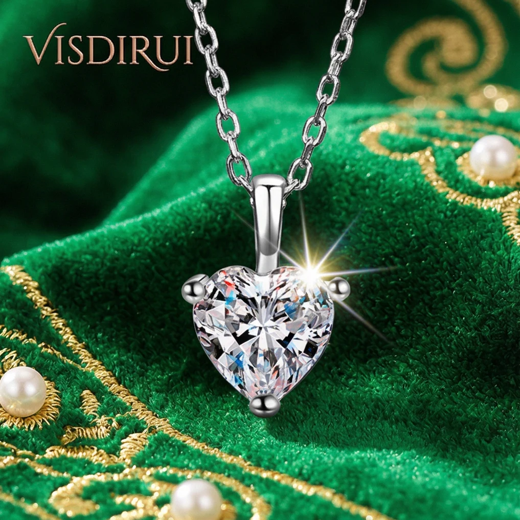 

VISDIRUI 1ct Heart Moissanite Pendant Necklace S925 Silver D Color VVS1 Round Cut O Chain Fine Jewelry Romantic Gift For Women