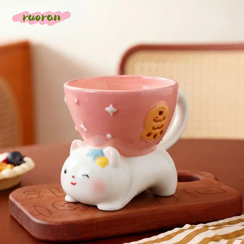 

Elegant Stylish Pink Cat Ceramic Mug with Star Pattern Cute Drinkware for Afternoon Tea Coffee Home Decor
