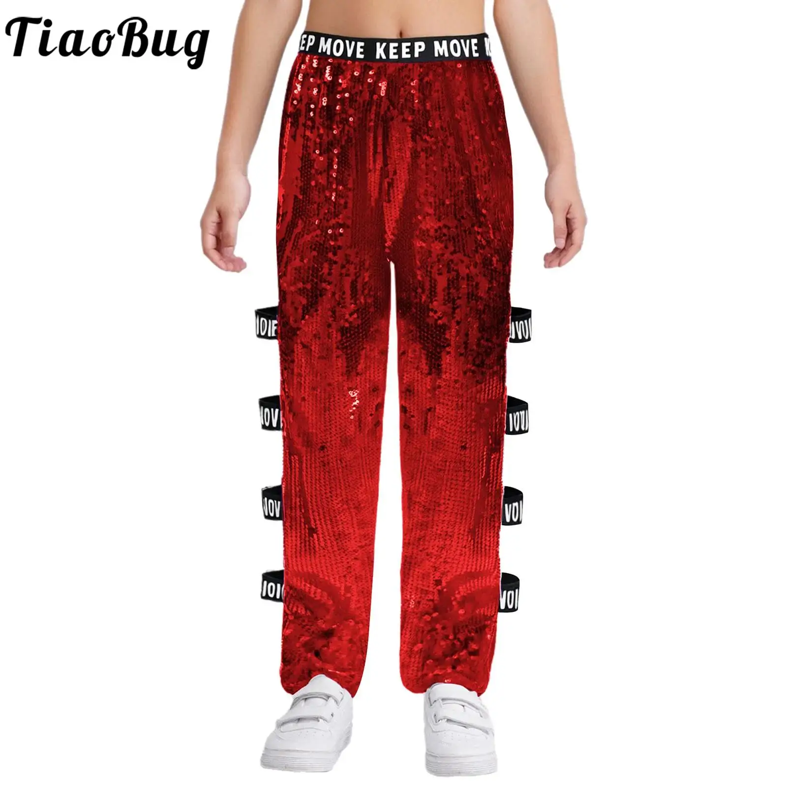 Kinderen Meisjes Glittery Jazz Moderne Danskostuums Broek Pailletten Hiphop Street Dancewear Uitsparing Zijbroek Stage Performance Kostuum