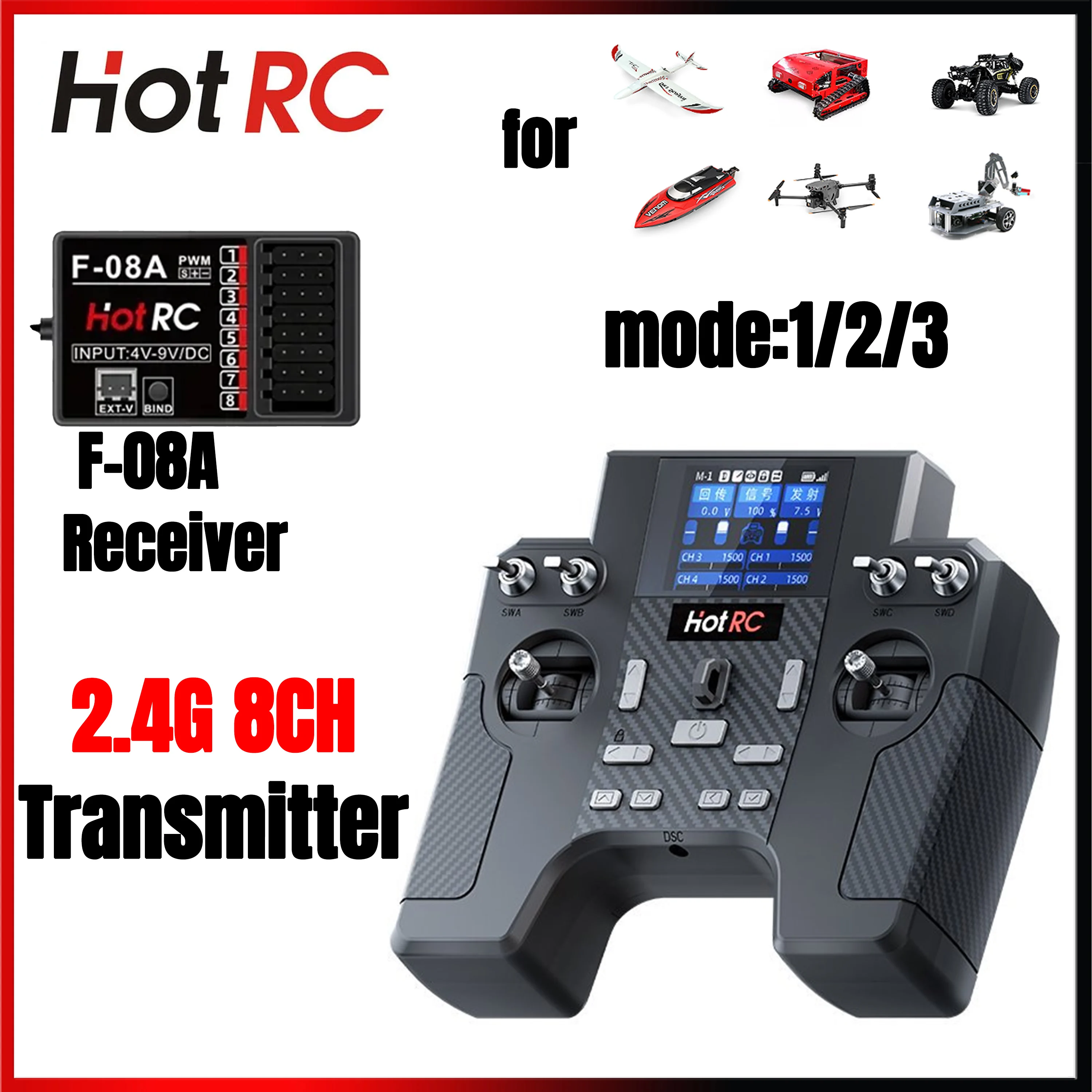 HOTRC HT-8A 2.4G 8CH Transmitter Remote Control with F-08A Receiver for RC Helicopter Airplane Drone Car Truck Crawler Boats DIY