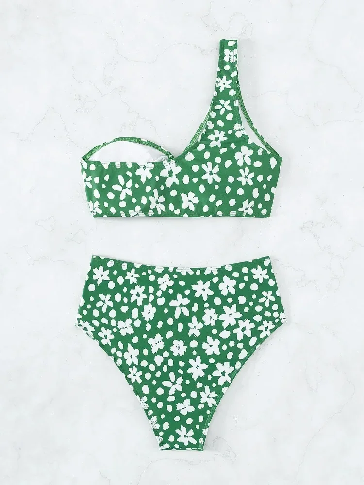 女性用グリーンフローラルハイウエストビキニ,ツーピース水着,裸の肩,セクシー,ビーチウェア,夏,トレンド2022