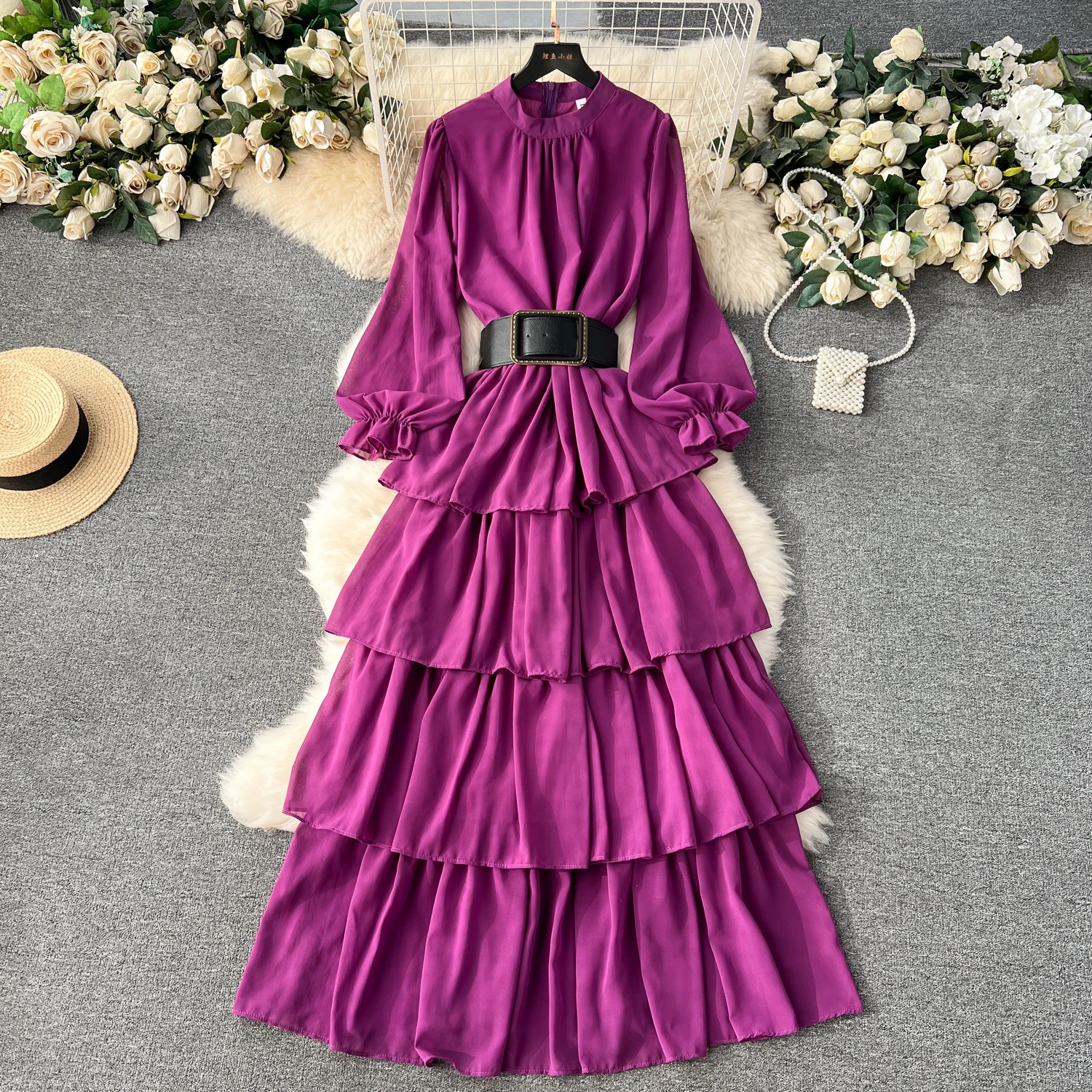 Retro Ruffle Pleated Elegant O Neck Dress Puff Sleeve Casual  High Waist  Dress Women Summer Dress