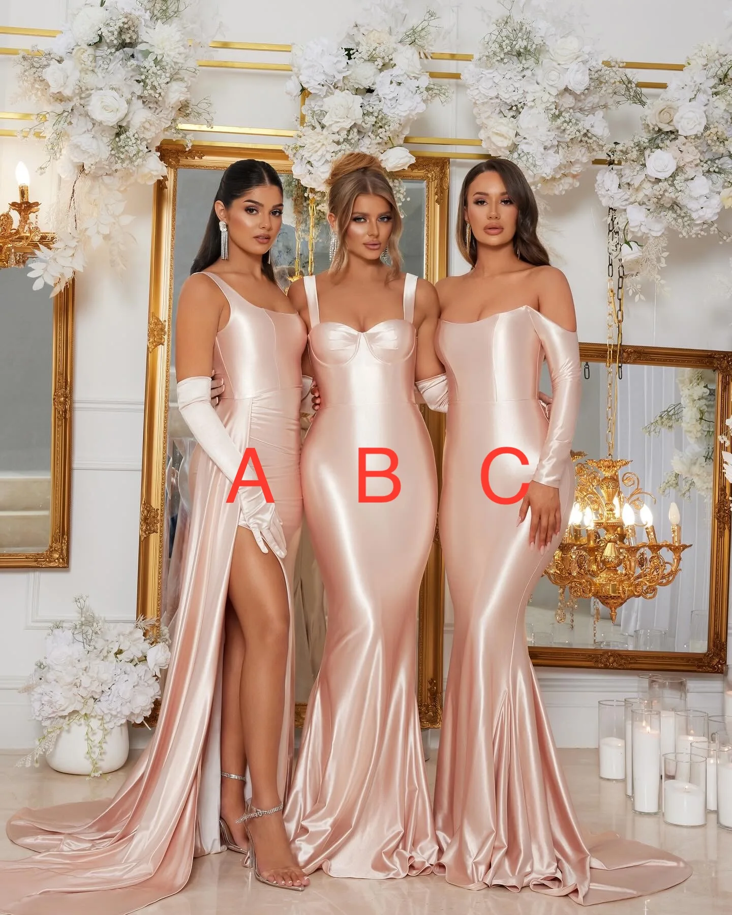 

satin long bridesmaid dresses for women 2025 spaghetti straps mermaid with slit mermaid peach pink maid of honor dress