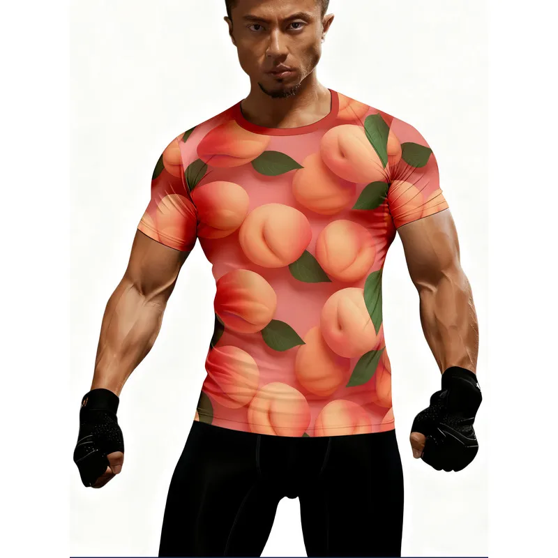 Men's peach-print tight-fitting short-sleeve shirtTT-shirt with printed design for casual sports and everyday wear