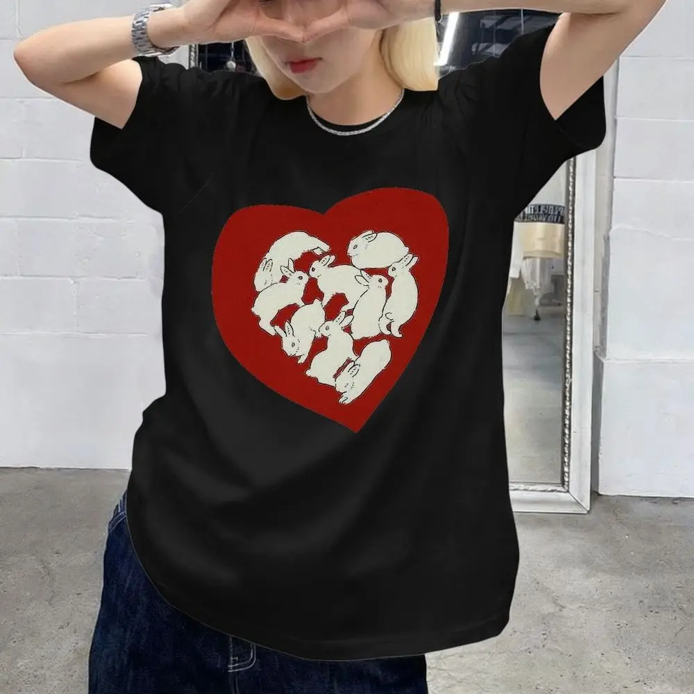 Y2k Rabbit Red Heart Graphic T-Shirt Women Summer Short Sleeve Animal Print Vintage Tops Female Casual Harajuku Street Clothes
