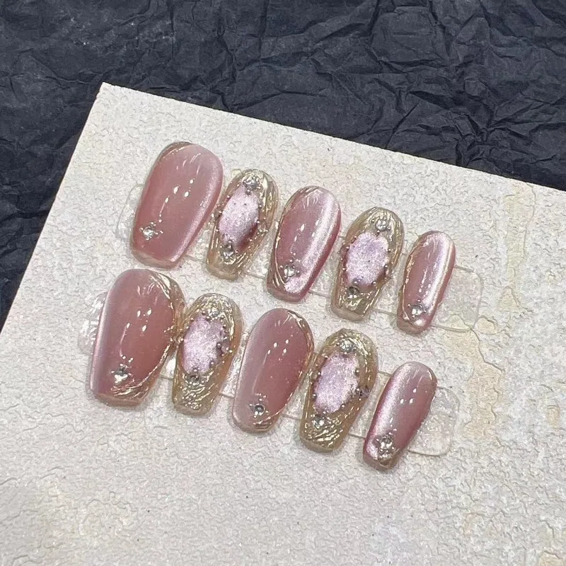 

10pcs Handmade False Nails Pink Cat Eye Acrylic Fake Press on Nails Gold Square Korean Hand Short Long High Quality Press Nails