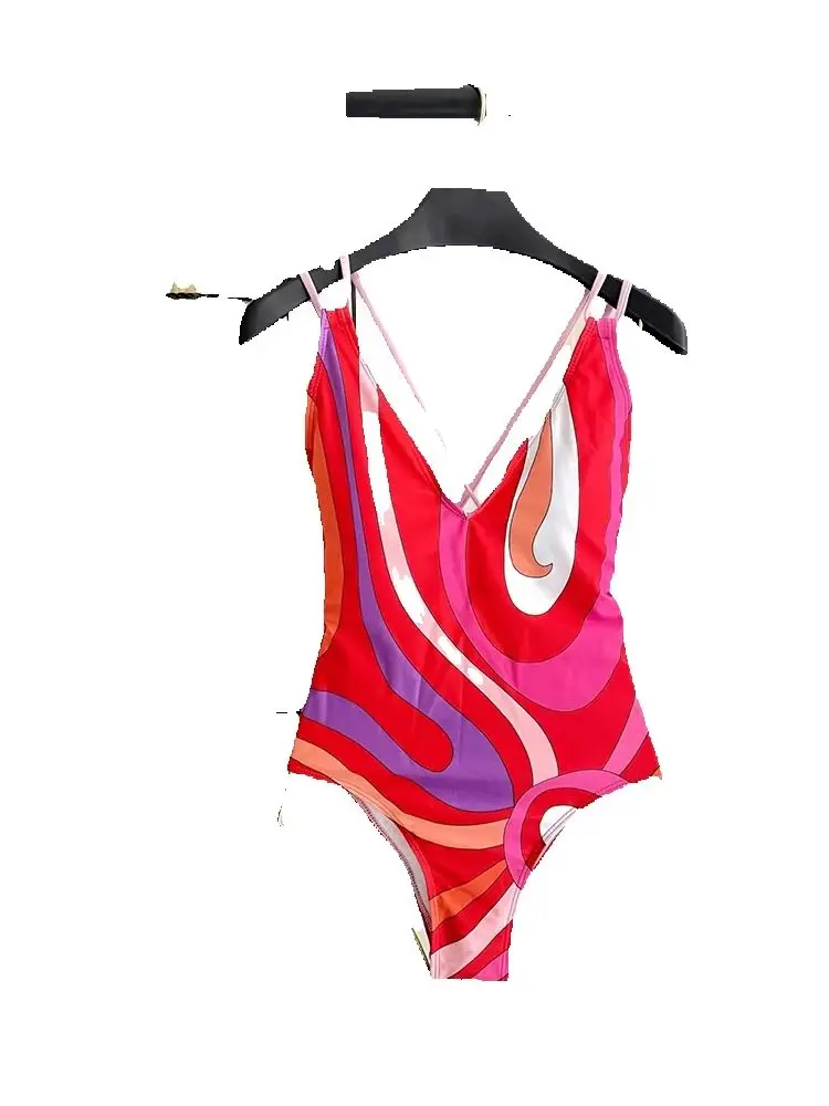 

Summer Fashion Beach Pool Party Sexy Geometric Print One-piece Swimming Suit Women's Spaghetti Strap High Waist Slim Romper