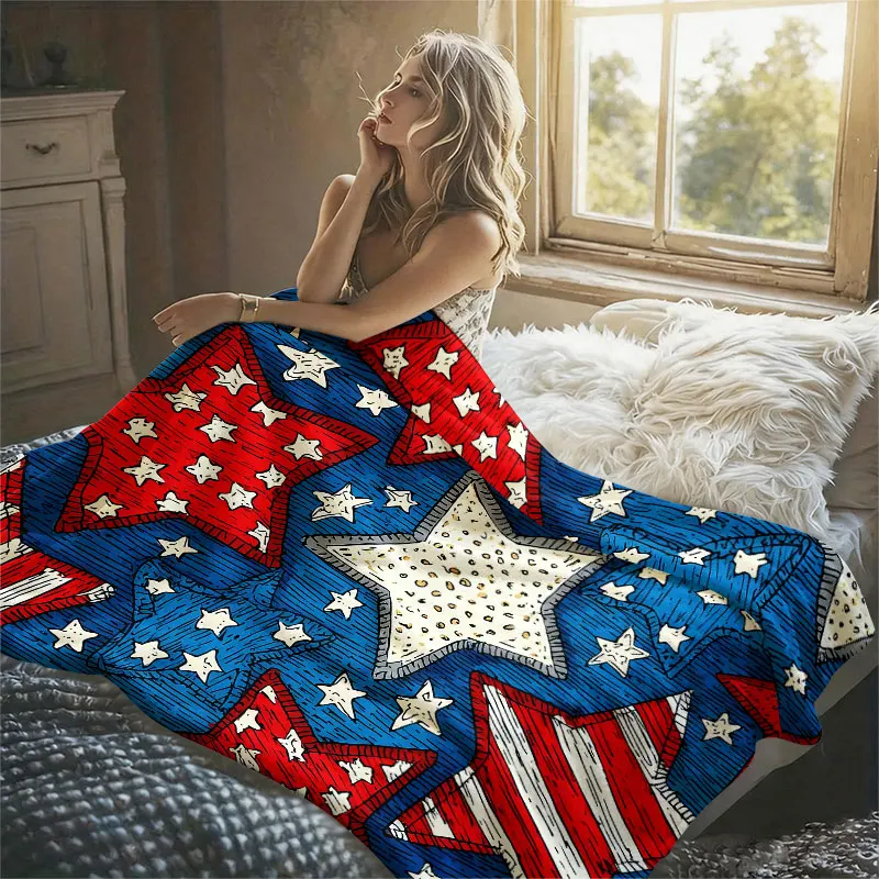 Patriotic Stars Flannel Blanket Warm Soft Halloween Christmas Decorative Couch Warm Cozy All-Season Gift