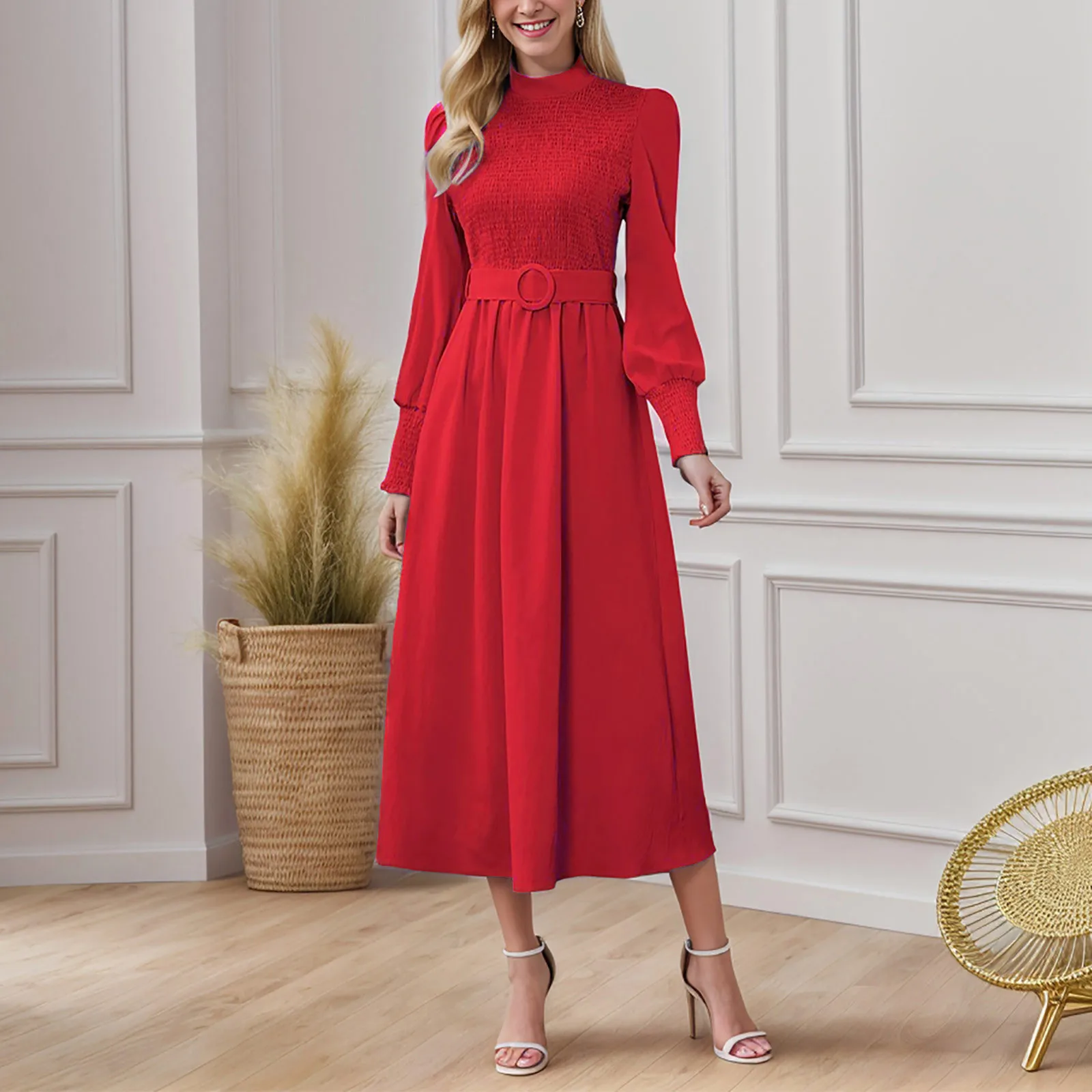 

Vintage Belt High Waist Elegant Party Dresses for Women 2023 Fashion Solid Half High Collar Slim Office Lady Midi Dress Vestidos