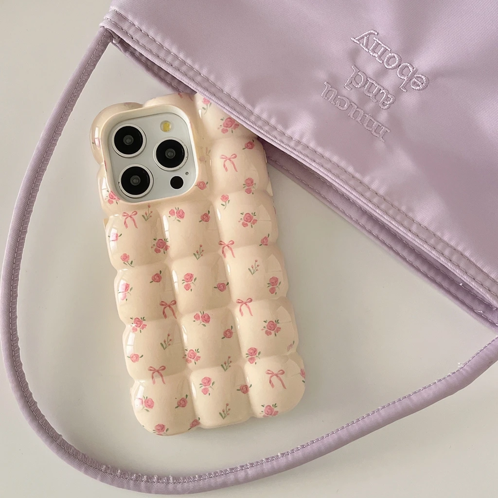 Ins Full Screen Pink Flower Bowknot Stereoscopic Lattice Shockproof Protective Cover Case for iPhone 16 15 14 13 12 11 Pro Max
