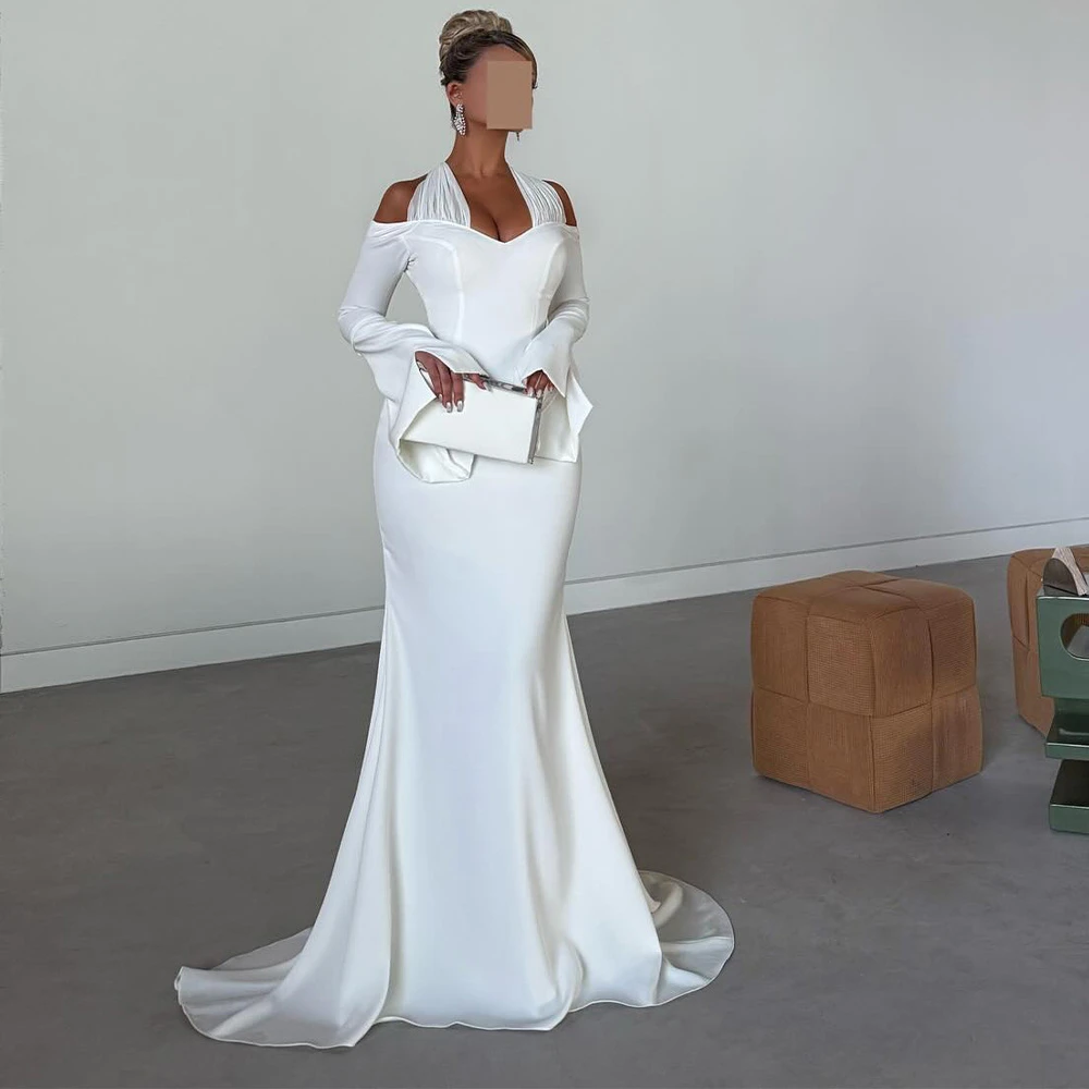 

Customized Soft White Satin Wedding Dress Formal Boat Neck Long Sleeves Bridal Gowns Dreamy Mermaid Court Train Vestido De Novia