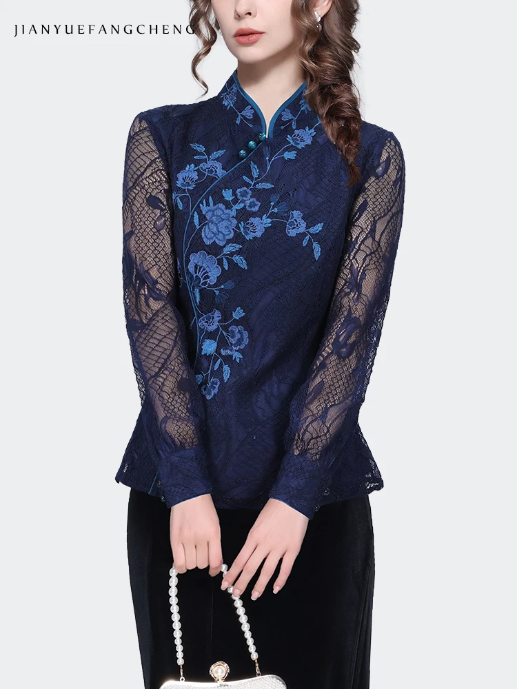 Ladies Embroidered Floral Lace Blouses 2024 Spring Summer Tops Chic Hollow Out Slim Stand Collar Vintage Casual Shirts