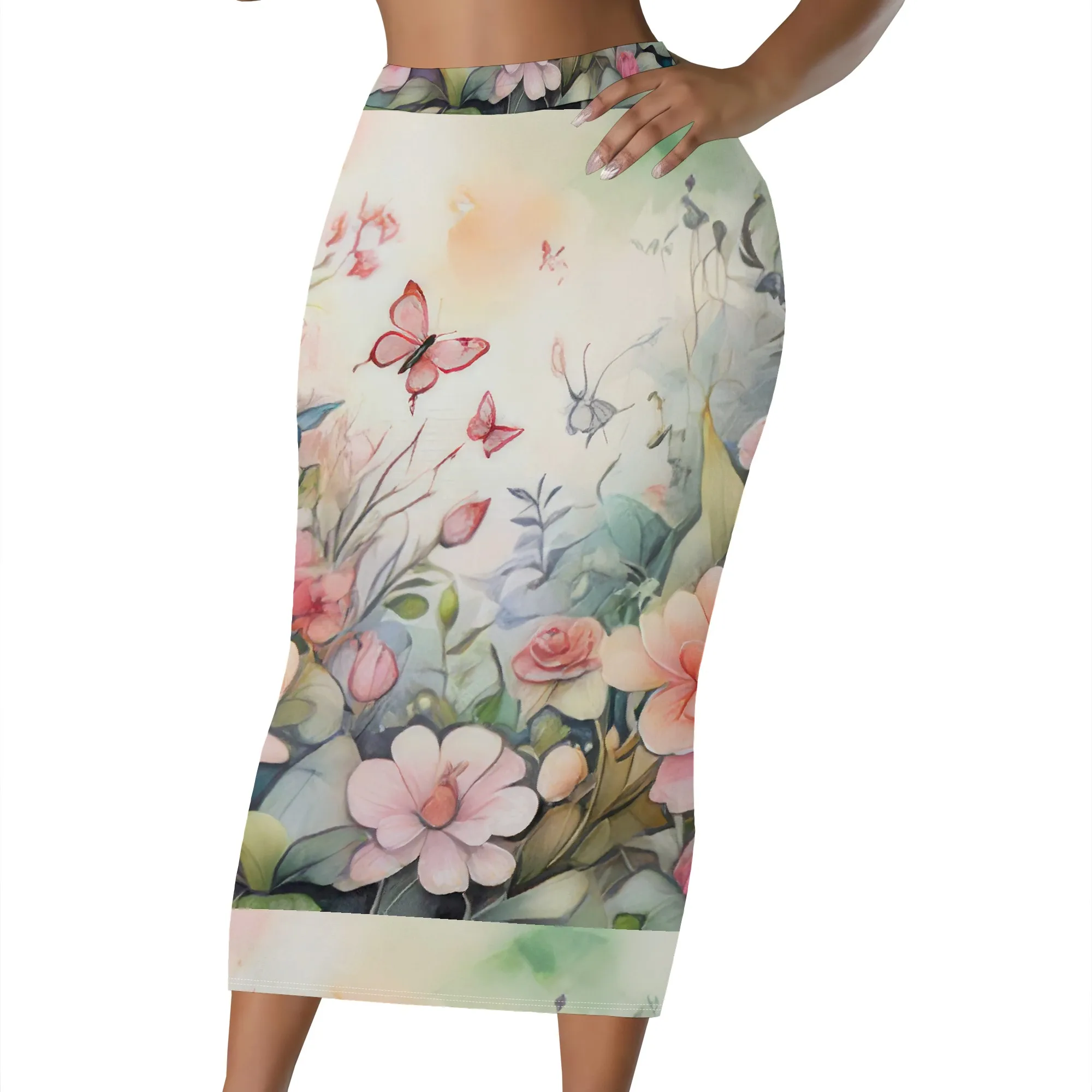Blumenmuster-Rock, Schmetterlings-Bleistiftrock, Sommer-Midirock, Damen-Mode-Rock, Bürokleidung, S-2XL – Detail 1