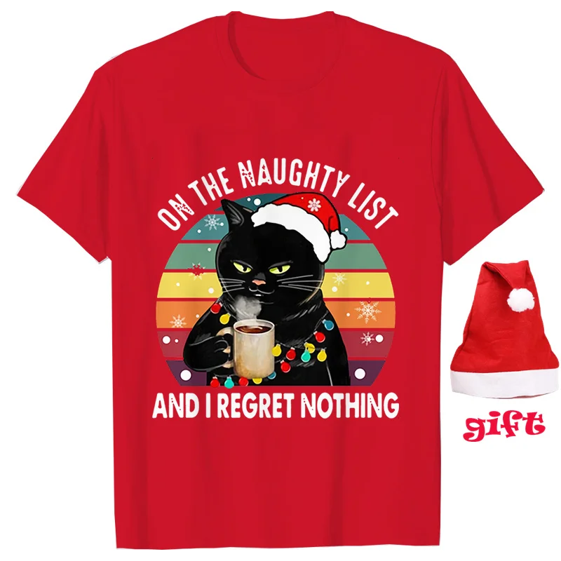 It Wasn's Me Christmas Cat Female Party Clothing Xmas Tree Casual Fashion Short Sleeve Women T-Shirts with Christmas Hats