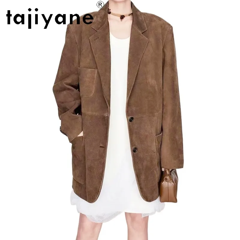 TAJIYANE Spring Autumn Jackets Cowhide Suede Genuine Leather Jacket Women Coats Old Money Style Leather Blazer Outwear Jaqueta
