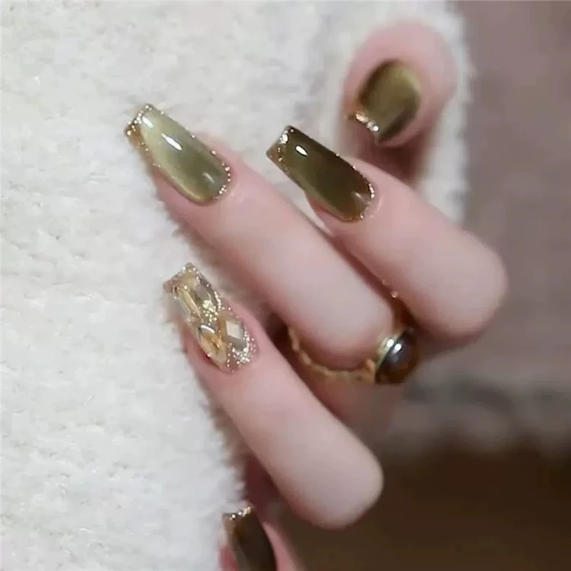 Handmade Press‑on Nails Luxury Maillard Green Fake Nails 3D Rhinestone Inlay Medium Trapezoid  Long Oval Nail Art For Women Gift