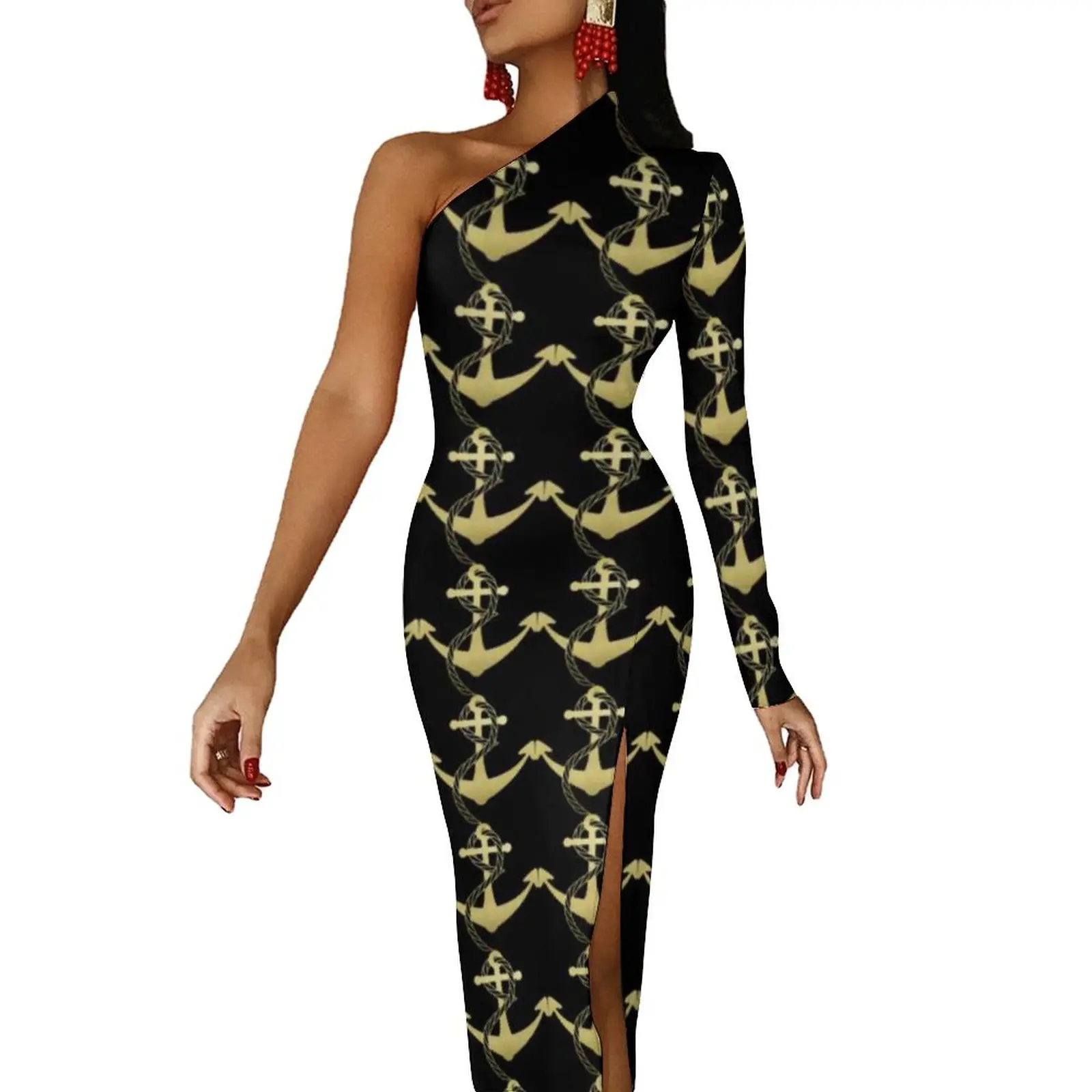 Nautical Maxi Dress Long Sleeve Gold Anchor Print Street Wear Bodycon Dresses Spring Side Split Club Dress Women Graphic Clothes