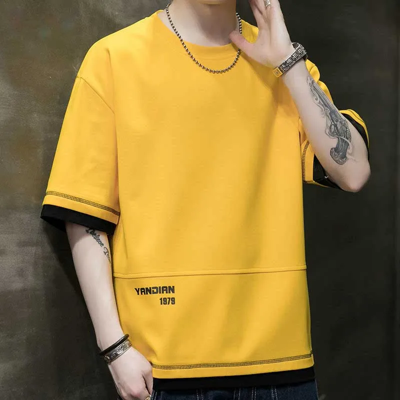 Fashion O-Neck Spliced Printed Fake Two Pieces T-Shirts Men\'s Clothing 2024 Summer New Loose All-match Tops Casual Tee Shirt