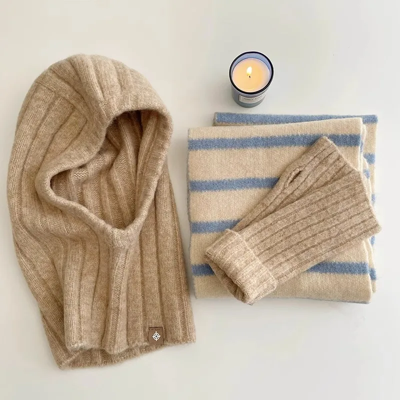 النسخة الكورية الاتجاه الصوف مزيج بالاكلافا المرأة قبعة الرقبة حماية البلوز وشاح الإناث محبوك بيني سيدة الشتاء الخريف #5