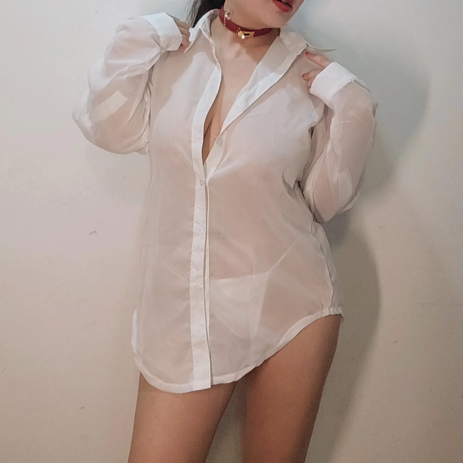 

Plus Size Classical Sexy Lingerie Blouse Women Home Boyfriend Style White Button Shirt Transparent Nighty Summer Chiffon Top Tee