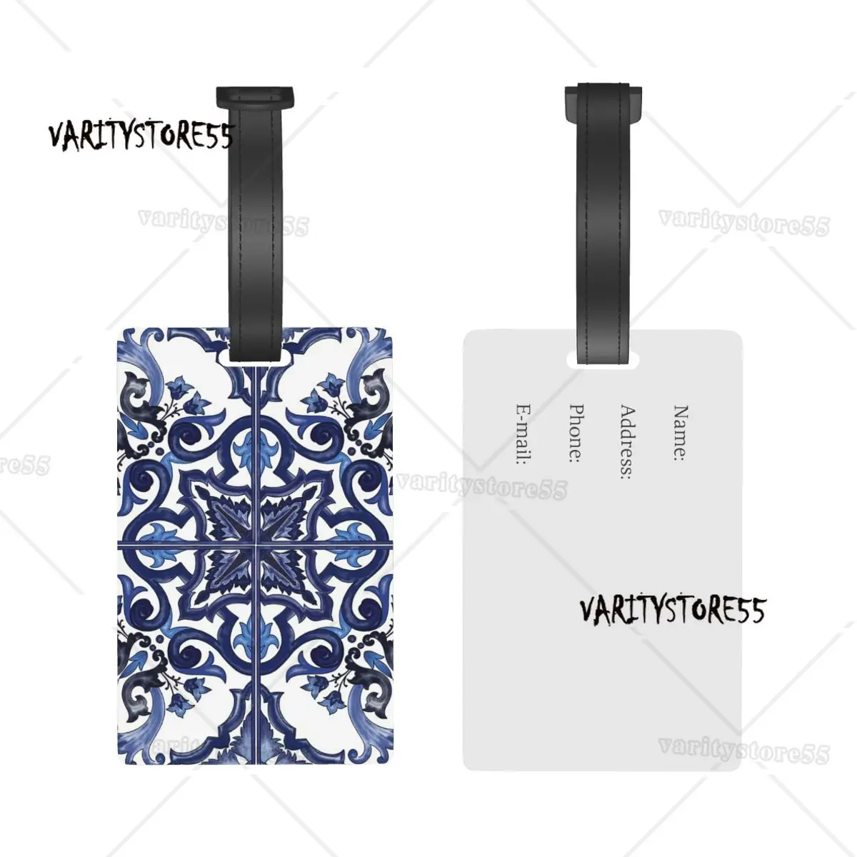 Blauw Sierlijke Bloemen Mediterrane Siciliaanse Tegel Bagagelabels Kofferaccessoires Reisbagage Boarding Tag Draagbaar