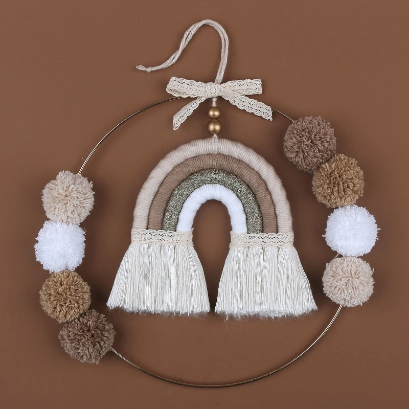 

Nordic Lace Macrame Rainbow Tapestry Kids Baby Bedroom Decor Toys Handmade Metal Ring Pompom Ball Tapestry Wall Hanging Decor