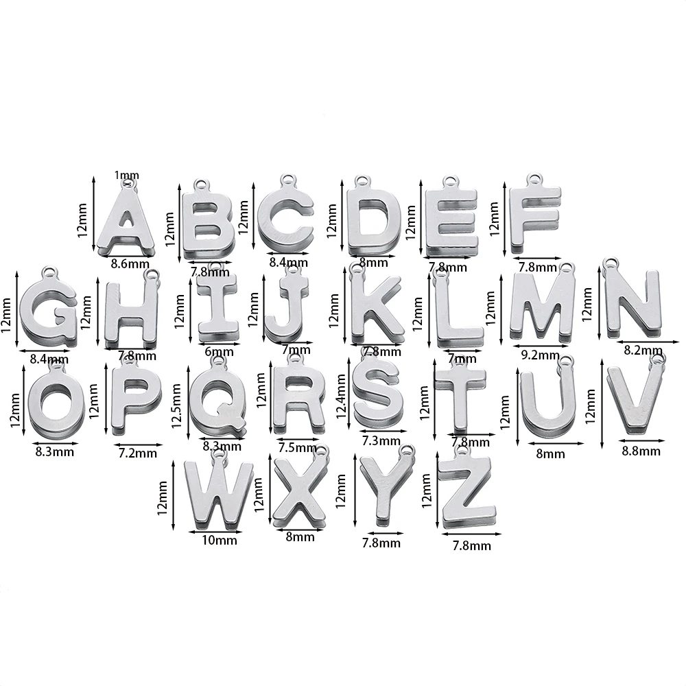 50Pcs Stainless Steel 12mm English Alphabet A-Z Letters Charms Pendants for DIY Pendant Necklace Jewelry Making Accessories
