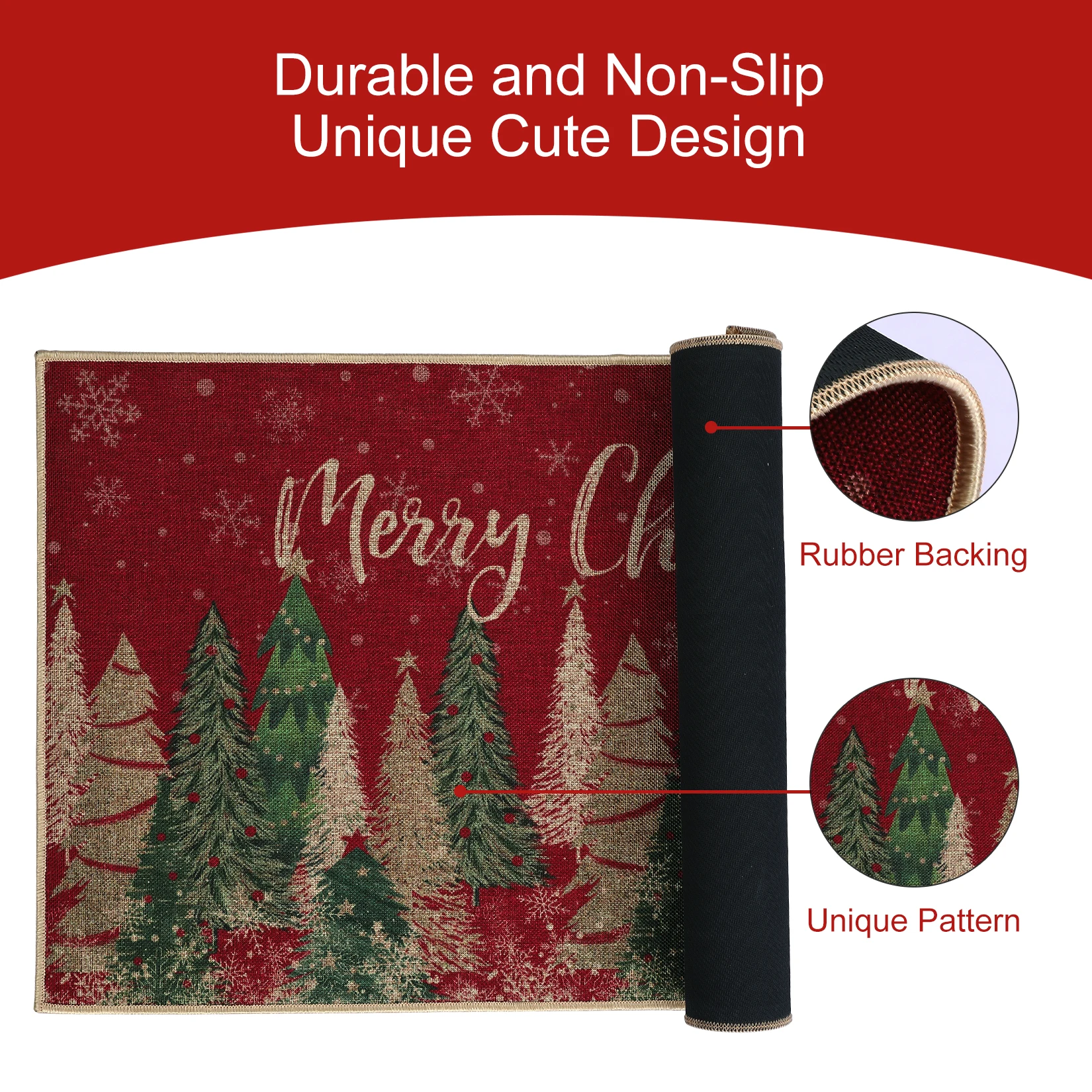 Christmas Door Mat, Non-Slip Washable Holiday Welcome Rug with Red Christmas Tree and Snow Print, Stain-Resistant Indoor Outdoor Entryway Mat for Front Door, Porch, Kitchen and Laundry Room