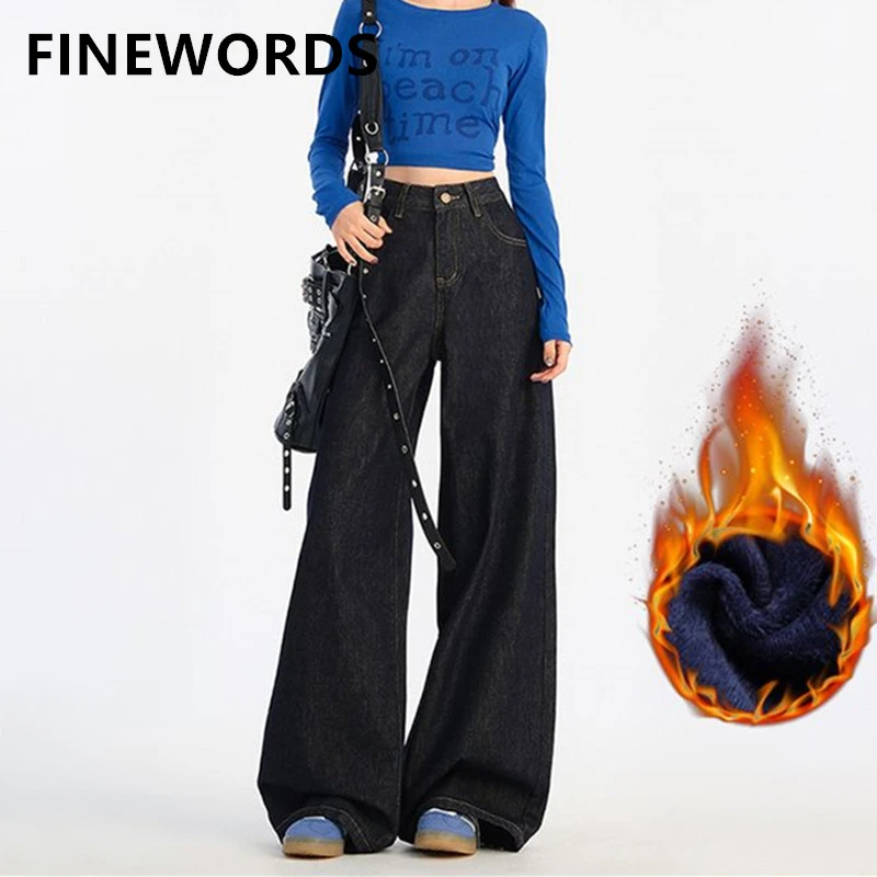 

FINEWORDS винтажные корейские широкие зимние кашемировые джинсы женские повседневные теплые джинсы в стиле Харадзюку уличная одежда мешковатые джинсы с высокой талией