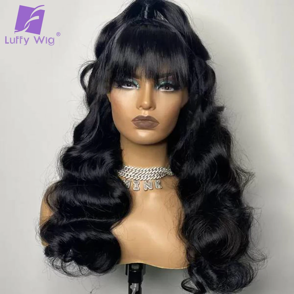 

Loose Wave Wig Bangs Fringe Human Hair Remy Brazilian Full Machine Made Glueless Wigs Body Wave 200Density For Women