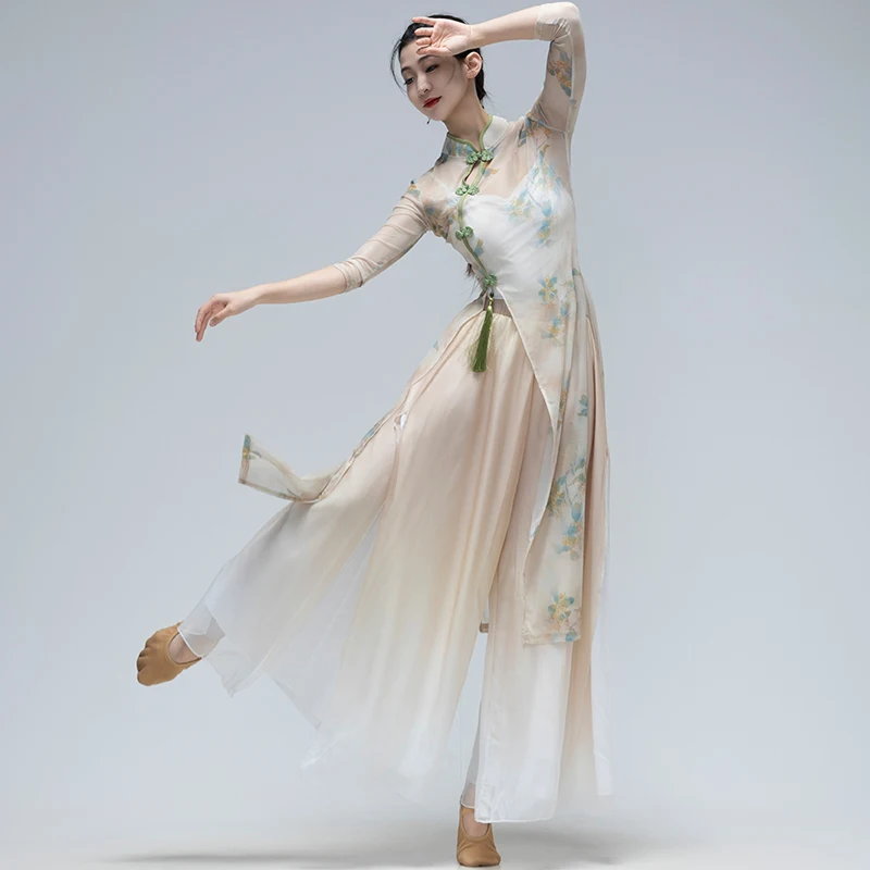 전통 중국 무용 의상 빈티지 Qipao 드레스 + 바지 세트 국립 꽃 프린트 민속 무용 무대 공연 의상