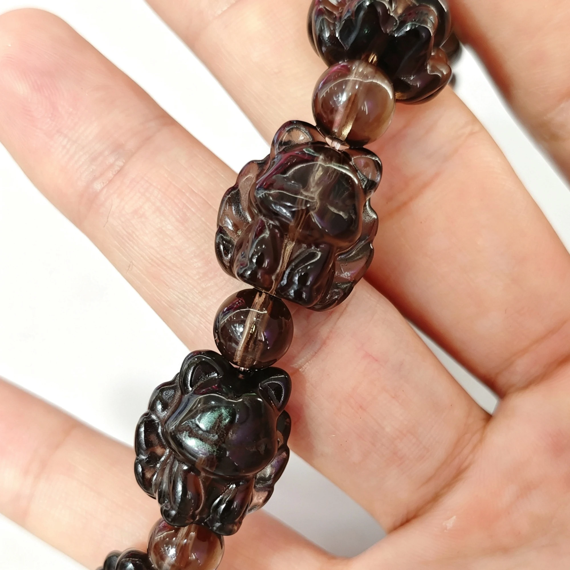 Ice Obsidian Nine Tailed Fox Bead Bracelet Smoky Gemstone Sculpted Nine Tail Fox Strand Stretch Crystal Wrist Accessory 1 Pc