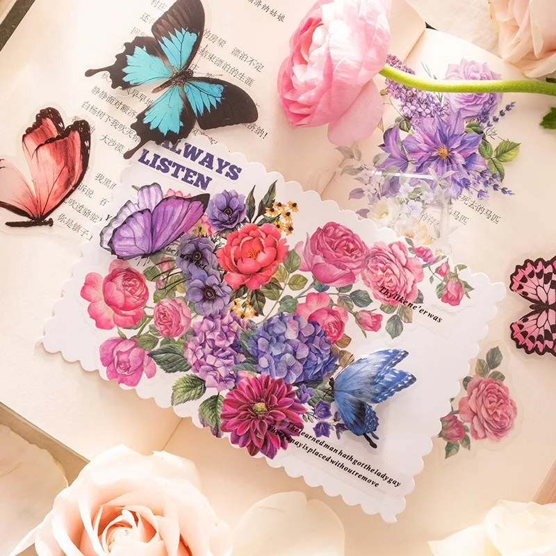 50pcs Butterfly Kisses Flower Stickers！3D Waterproof Wall Art Decal for Room Aesthetic DIY Scrapbook Journal Decor Small Package